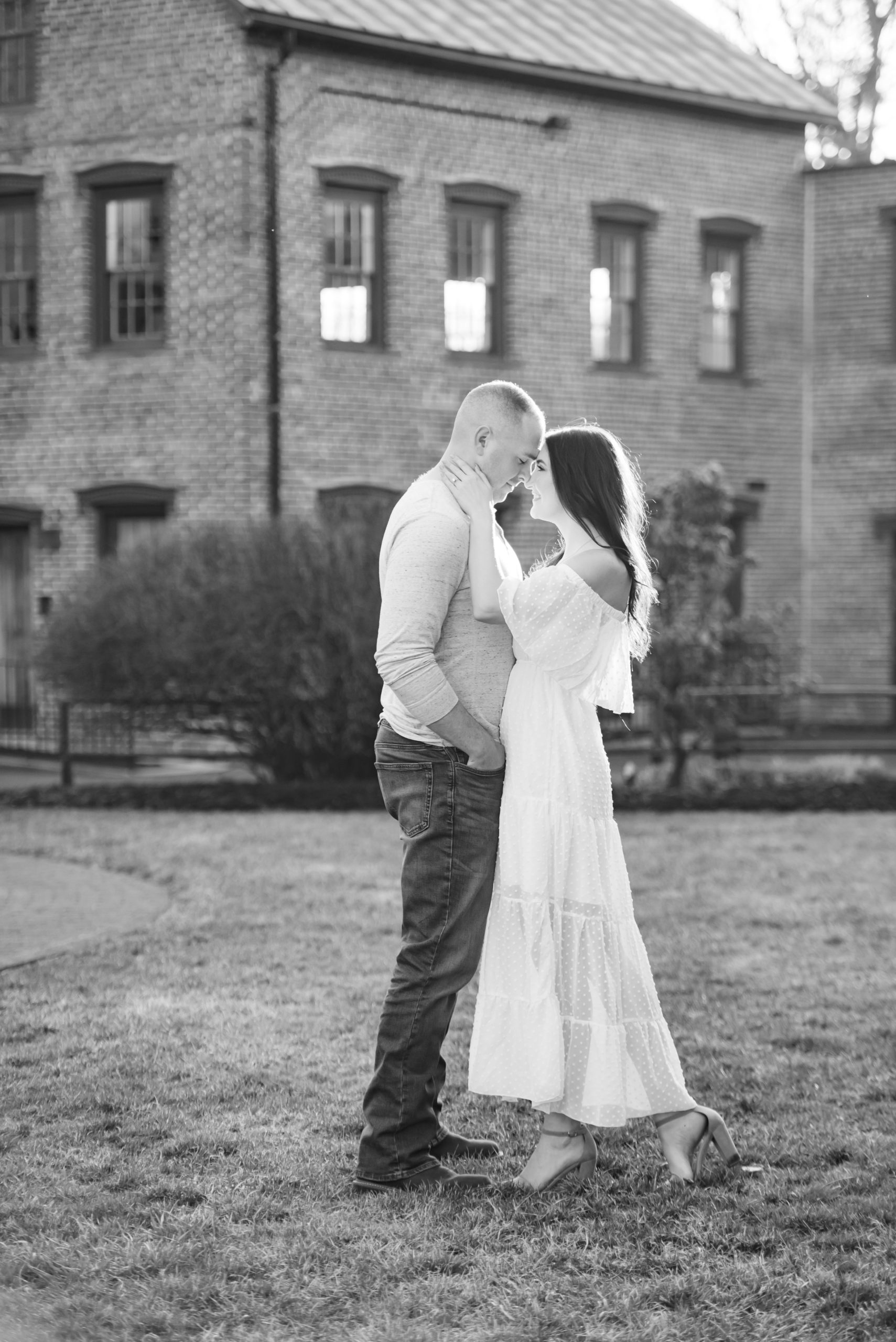 Black and white portrait of an engaged couple in Smithville, NJ