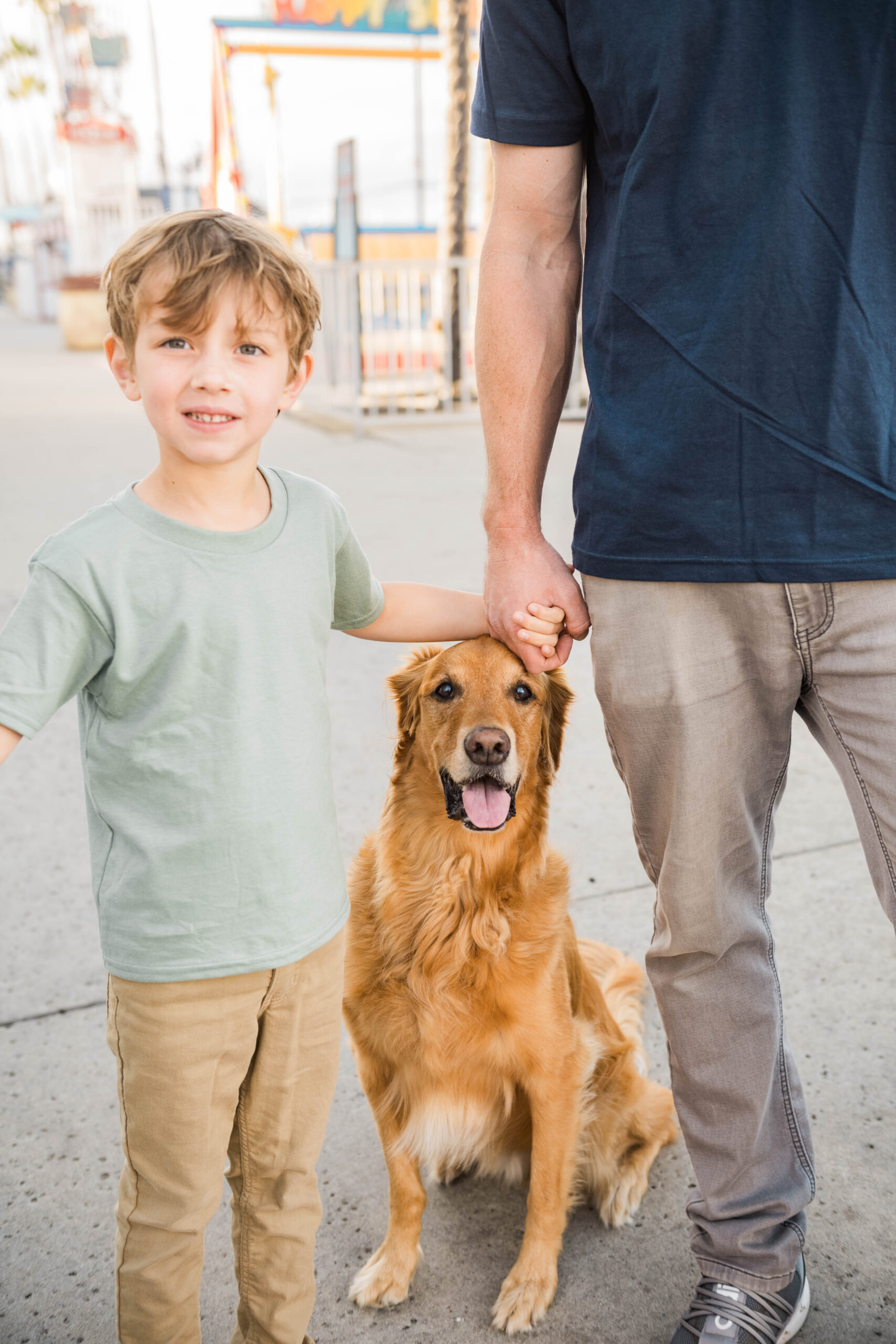 Father/Son holding hand with golden retriever, summer lifestyle session